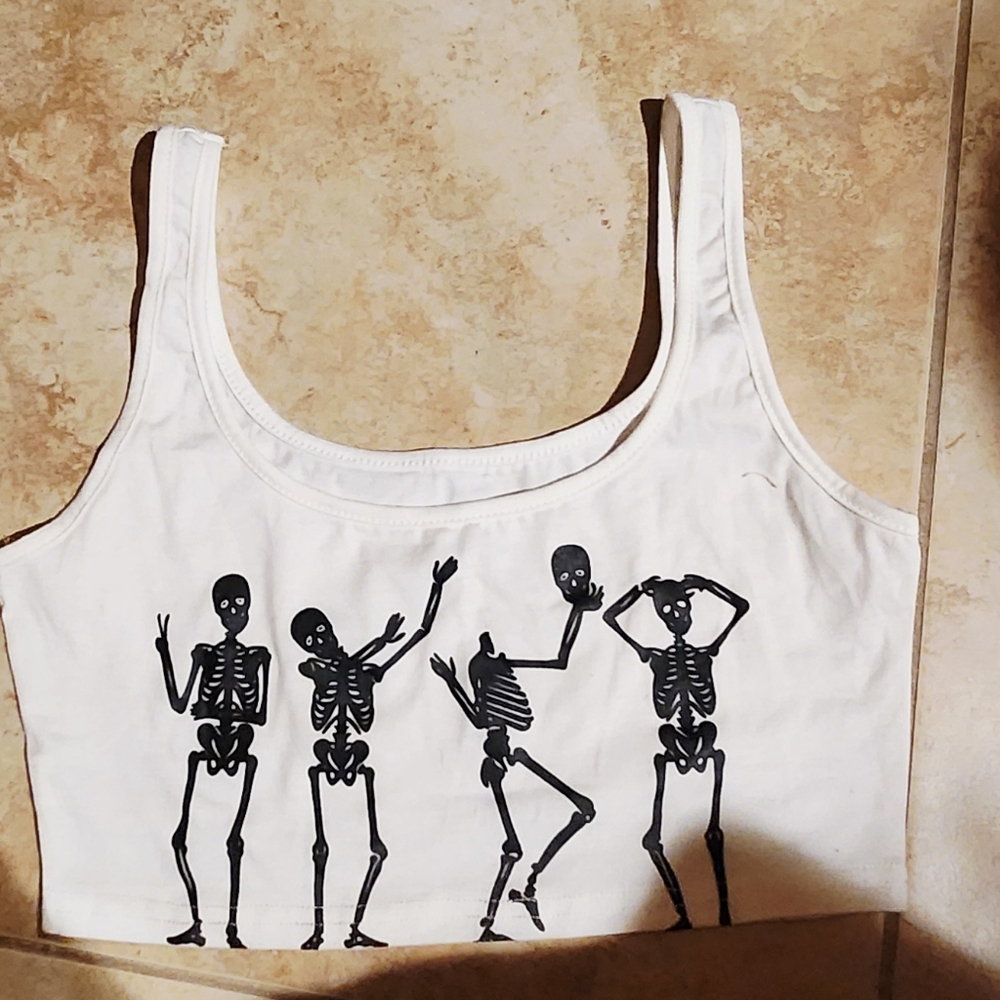 Skeleton Print White Crop Top